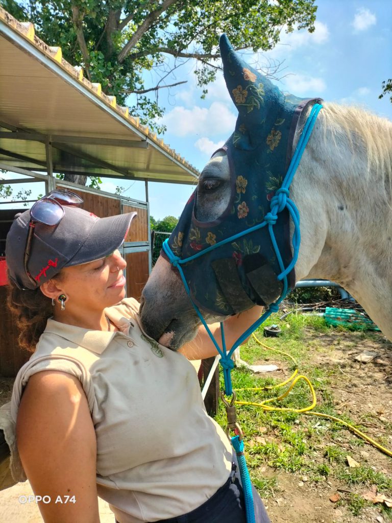 Ragazza che accarezza un cavallo bianco